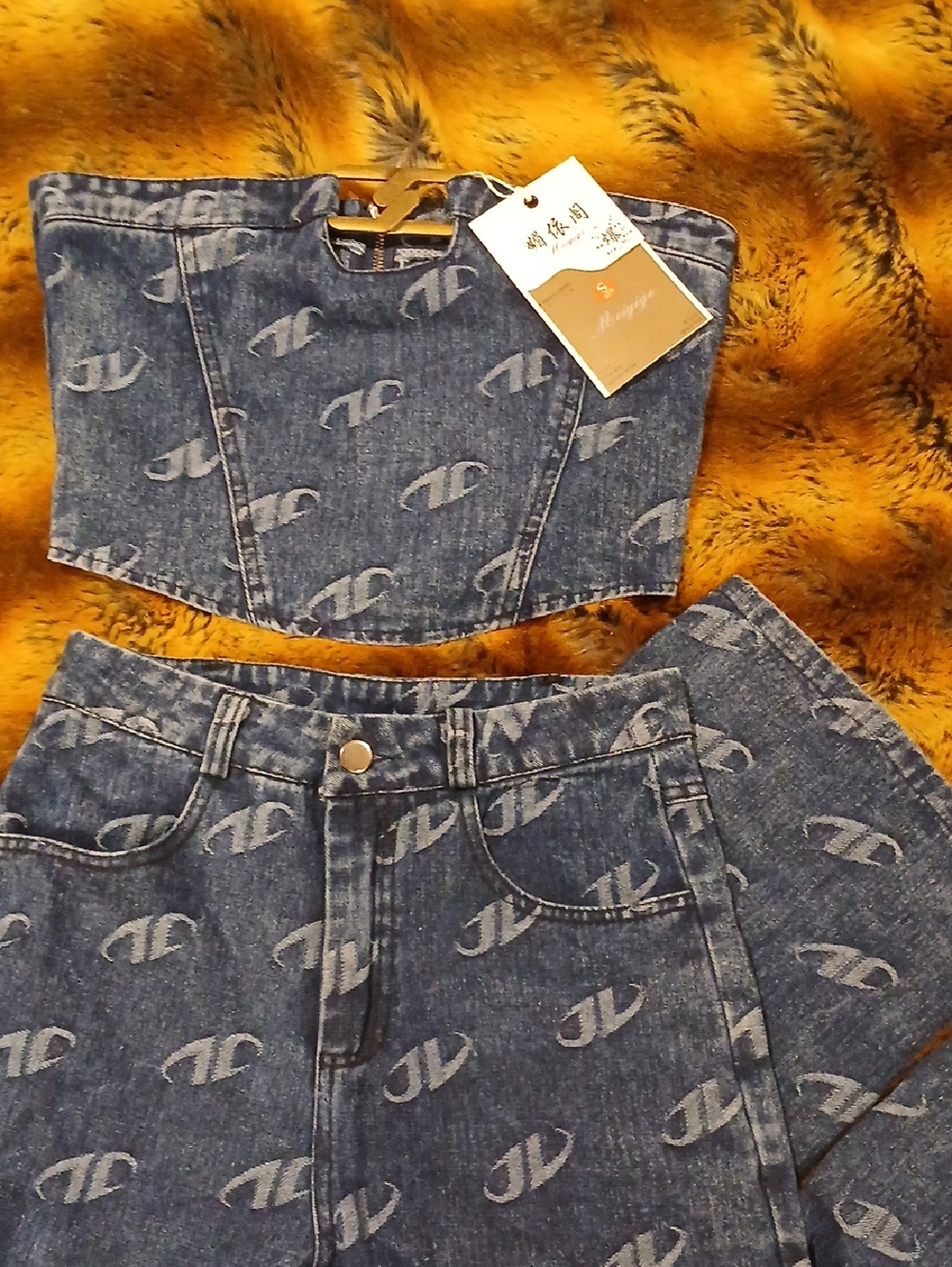 Denim Straight-Leg Pants in Dark Blue with Subtle Monogram